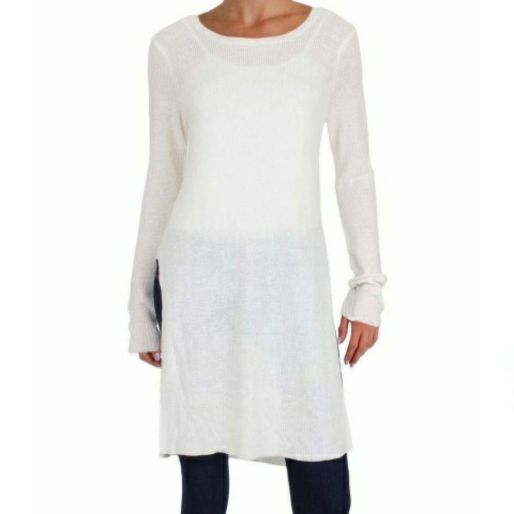 Kensie Sweater Medium Ivory Thin Knit Slits Long Pullover